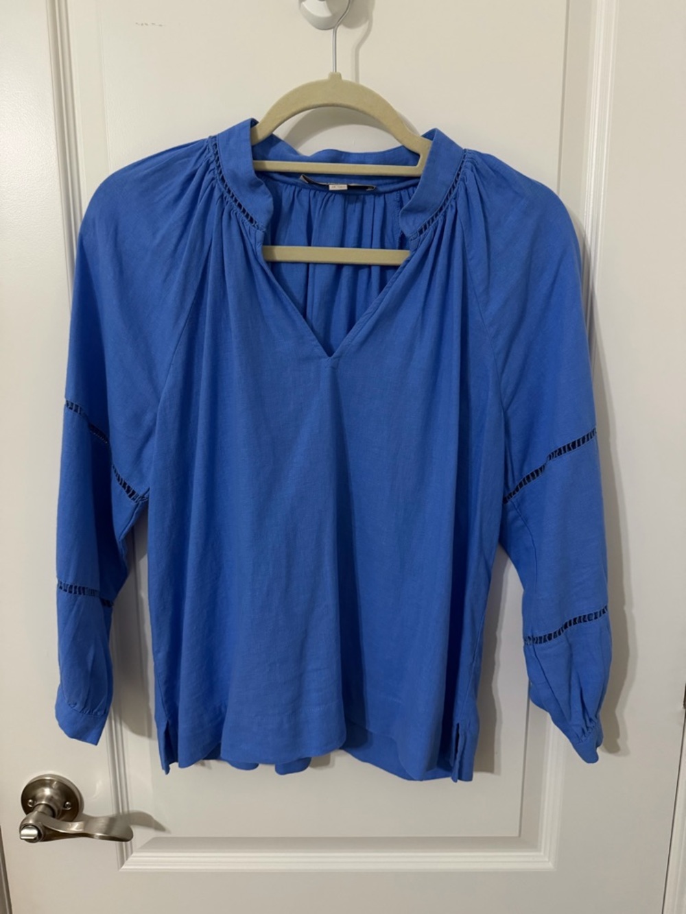 Blue Linen Blend Boho Blouse – 3/4 Sleeve Flowy Top